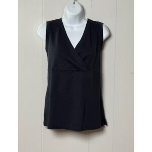 Lands End Women's Black Cotton Sleeveless Faux Wrap V-Neck Empire Waist Top Sz L